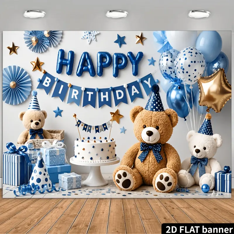 Teddy bear birthday banner, suitable for indoor and outdoor parties, photo backgrounds, wall decorations, graduation ceremonies, weddings. A warm and versatile banner, suitable for baby showers, 2D plane Halloween and Christmas decorations.