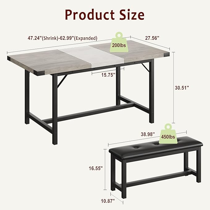 Dining Table Set for 4-6, 63" Extendable Dining Room Table Set With 2 Upholstered Benches, 3 Piece Large Rectangle Kitchen Table Set With Metal Frame for Apartment, Saving Space