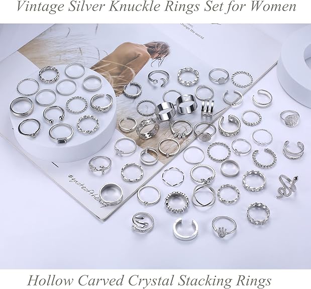 58 PCS Vintage Knuckle Ring Set for Women Bohemian Stackable Joint Finger Rings Stacking Butterfly Snake Hollow Carved Crystal Midi Silver/Gold Rings Pack for Gift