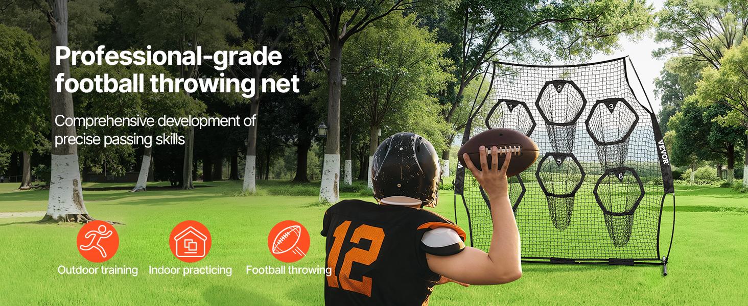 VEVOR 8x 8 ft Football Trainer Throwing Net, Training Throwing Target Practice Net with 6 Target Pockets, Knotless Net Includes Straps and Portable Carry Case, Improve QB Throwing Accuracy, Black