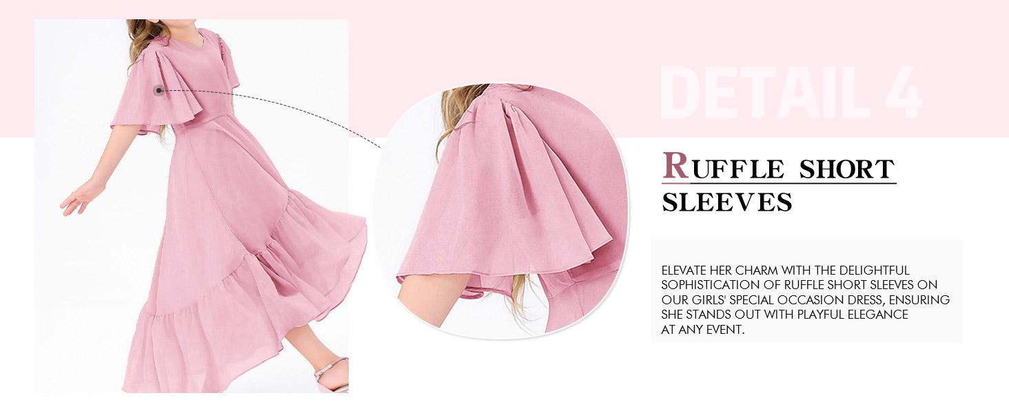 Haloumoning Girls Ruffle Dresses Short Sleeve Junior Bridesmaid Party Dress | Casual, A Line, V Neck, Flowy, High Low, Formal, Maxi Long Dress for Girls