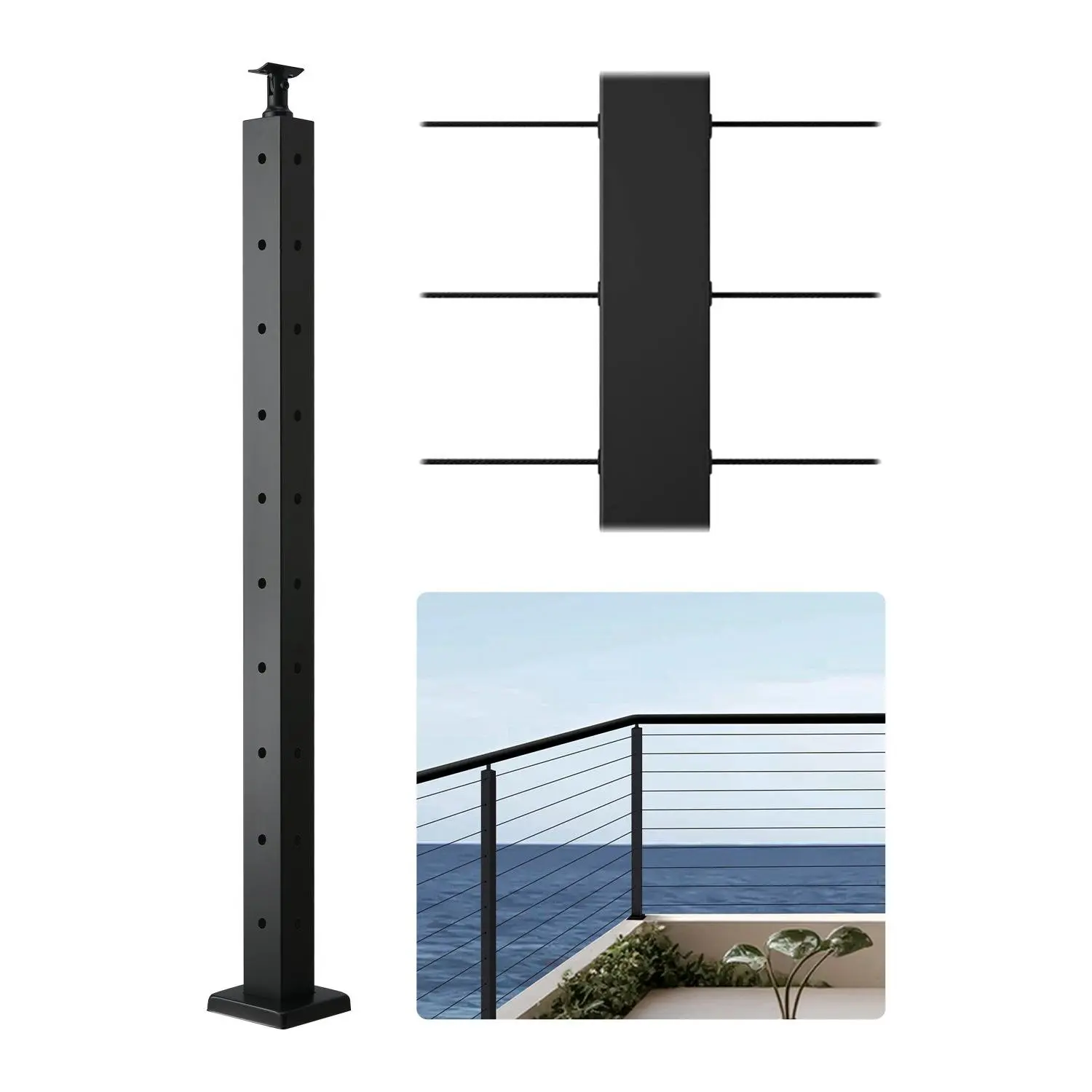 VEVOR Cable Railing Post, 36x2x2 Inch Corner Railing Post, with L-Shaped Pre-Drilled Holes, Stainless Steel Cable Rail Post with Horizontal and Curved Bracket, 1-Pack, Black, 1JZLGZXHS914ZPBNY001V0