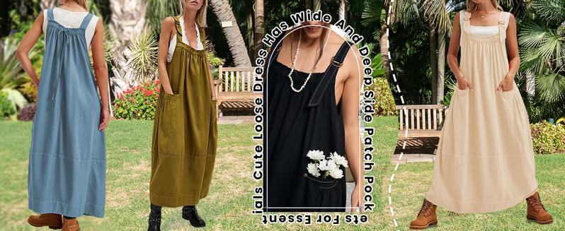 Yeokou Women's Barrel Midi Dress Sleeveless Strappy Maxi Dress with Big Pockets & Adjustable Straps Minimalist Basic Casual Fall Dress