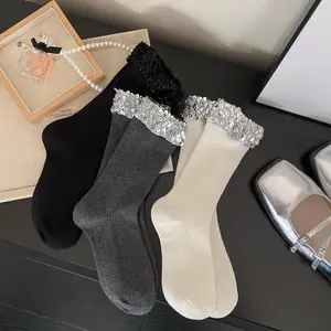 1/3 Pairs Ladies' Socks Sequin Korean Simple Versatile Gentle Elegant Mid Tube Socks Comfortable Breathable Cotton Sock For Girl