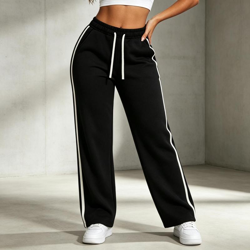 Women's Work Pants, Urban Lifestyle Wide Leg Sports Pants, Elastic Waist with Off White Drawstring, Triple Vertical Side Stripes, Soft Knitted Fabric Loose Pants, Suitable for Commuting and Going Out, Running