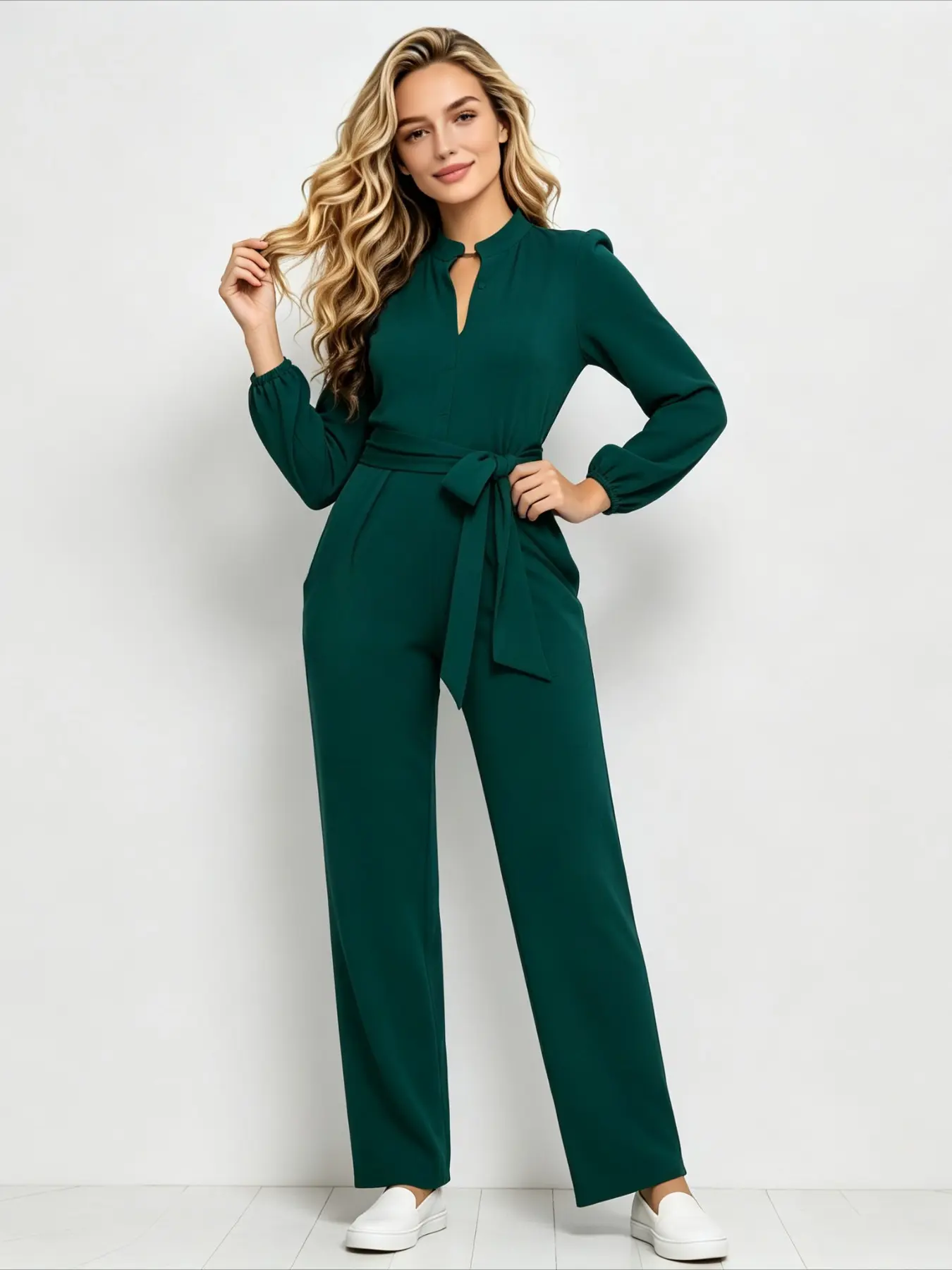 Womens Stylish Solid Stretch Stand Collar Split Long Sleeve Wide Leg Jumpsuit With Pockets Adjustable Waist Tie Work Outfit For Pet Grooming Beauty Salon Clinic Staff