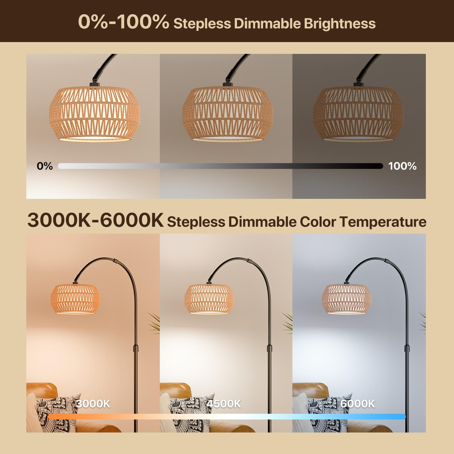 GLITGATE Boho Fishing Floor Lamp with Remote Control, Dimmable Arc Floor Lamp with 3 CCT and RGB,Farmhouse vintage Floor Lamps with Rattan Shades, Vintage floor lamp, Dimmable floor lamp for Bedroom, Office, living room,bedroom