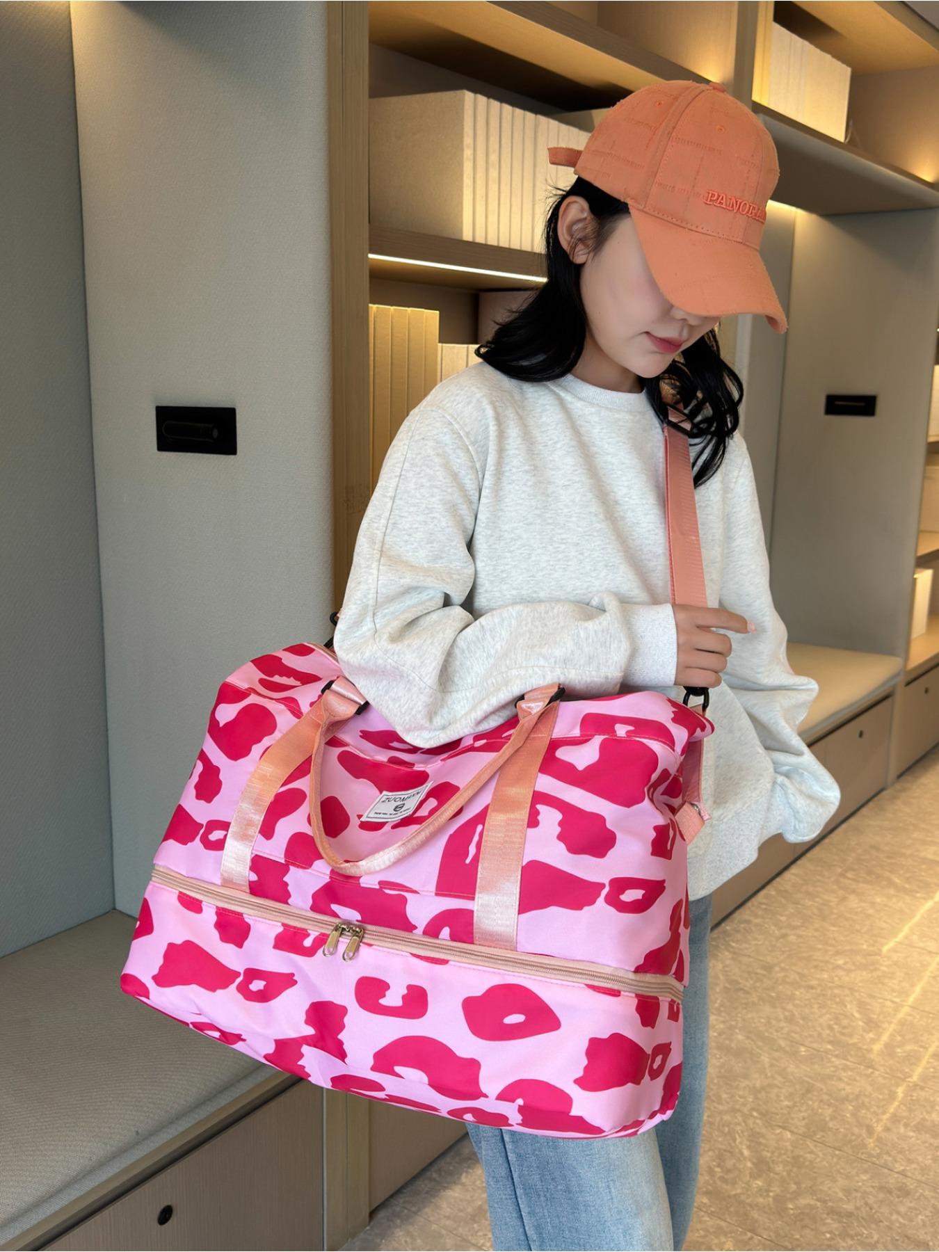 Sweet Pink Leopard Print Travel Duffle Bag for Women Large Capacity Expandable Short Trip Luggage Waterproof Hospital Bag, Gym Bag, Back-to-School Bag