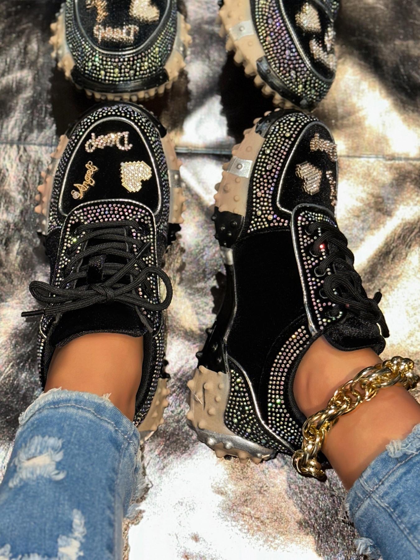 Women's Rhinestone Chunky Sole Dad Shoes, Y2K Style Sparkling Heart Decorations, All Season Fashion Sneakers