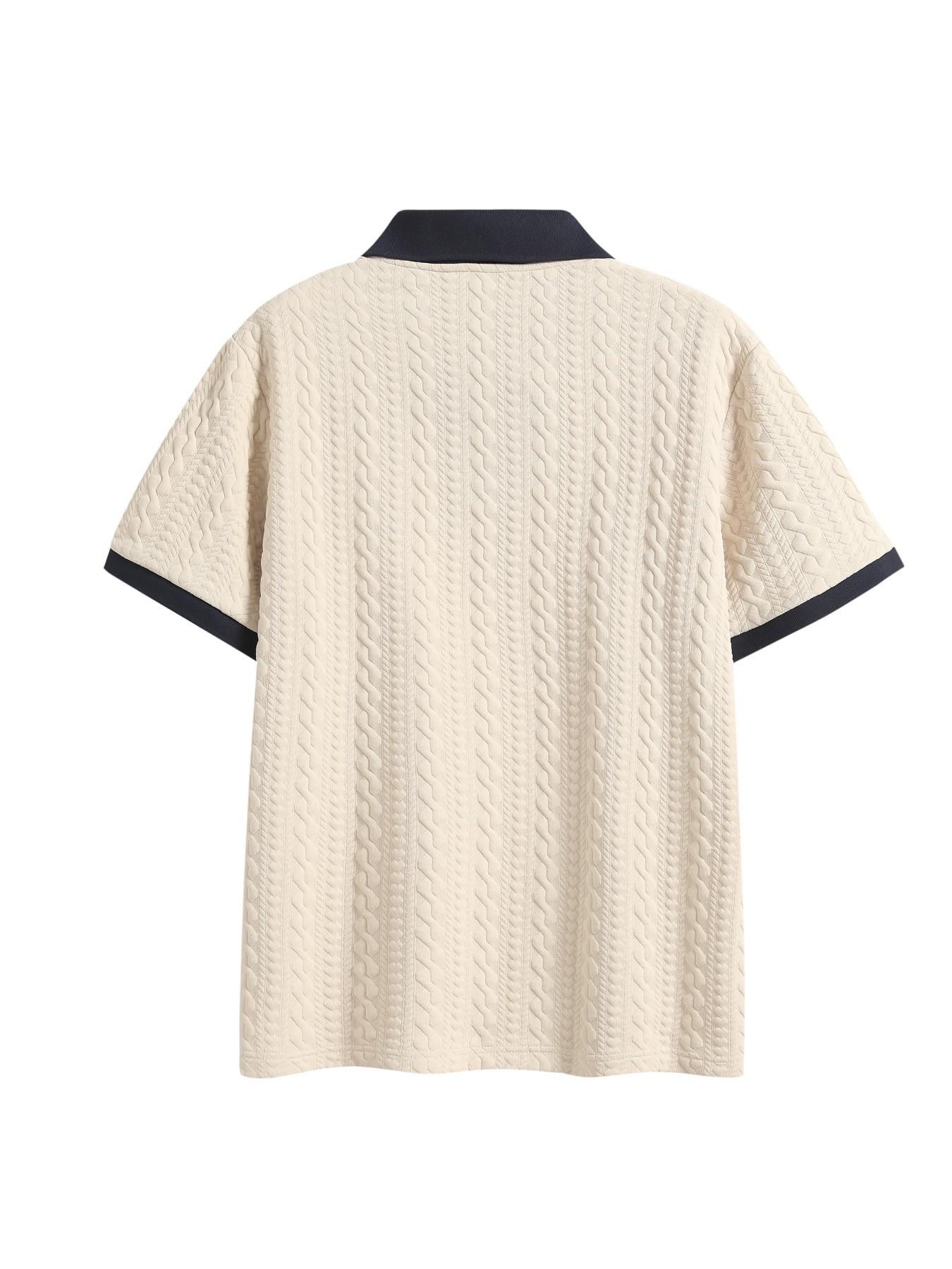 Men's Retro Colorblock Polo Shirt, Textured V Neck Short Sleeve Top, Casual Street Style, Summer Fashion, Fitted Leisurewear