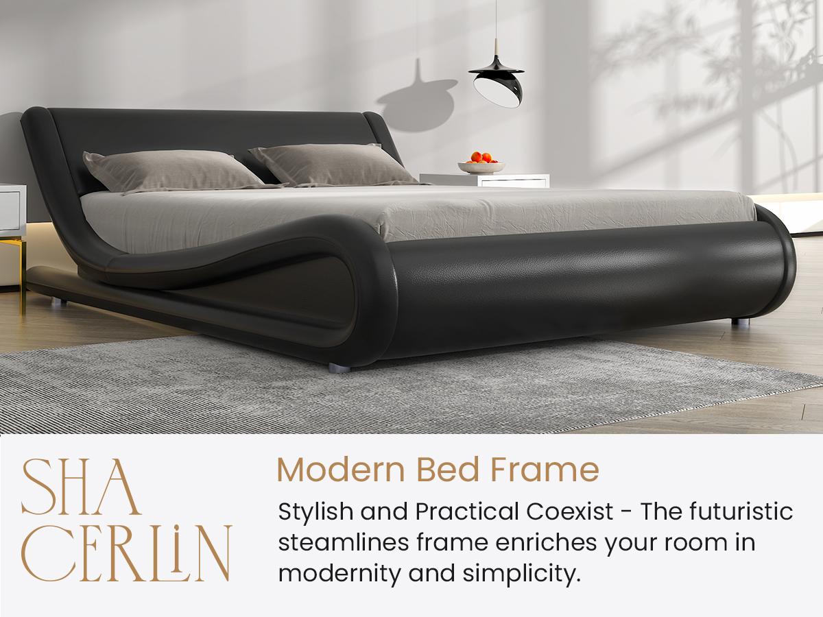 SHA CERLIN Deluxe LED Bed Frame with PU Leather Upholstered Adjustable Headboard,Modern Low Profile Sleigh Design,Heavy Duty Wood Slat Support,No Box Spring Needed,Full/Queen/King Size#ChristmasGifts#TikTokShopBlackFriday