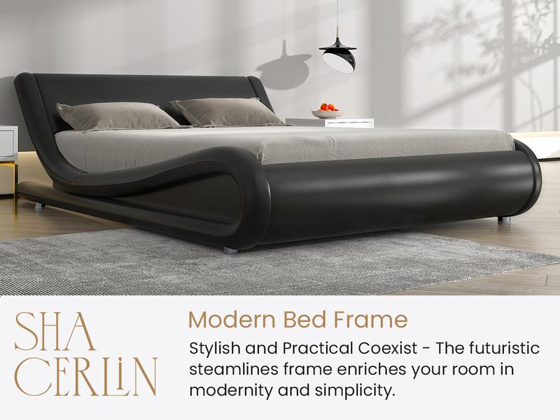 SHA CERLIN Deluxe LED Bed Frame with PU Leather Upholstered Adjustable Headboard,Modern Low Profile Sleigh Design,Heavy Duty Wood Slat Support,No Box Spring Needed,Full/Queen/King Size#ChristmasGifts#TikTokShopBlackFriday