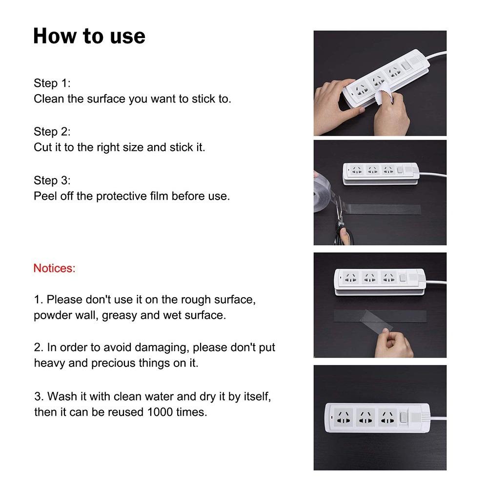 Washable Removable Double Sided Tape, No Drill Wall Decor & Photo Hanging Strips, Strong Hold Adhesive for Kitchen Cabinet Tile Glass Metal, Carpet Anti-Slip Tape, Office Home Decoration Fixing Solution