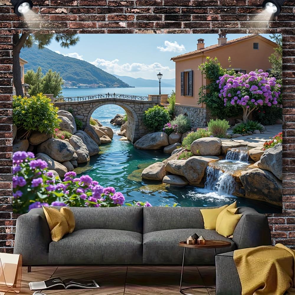 1pc Italian-Style Seascape Backdrop - Vibrant Coastal Scene with Stone Bridge, Lush Gardens, and Mediterranean House - Perfect for Birthday Parties, Photo Studios, and Outdoor Decor - Polyester