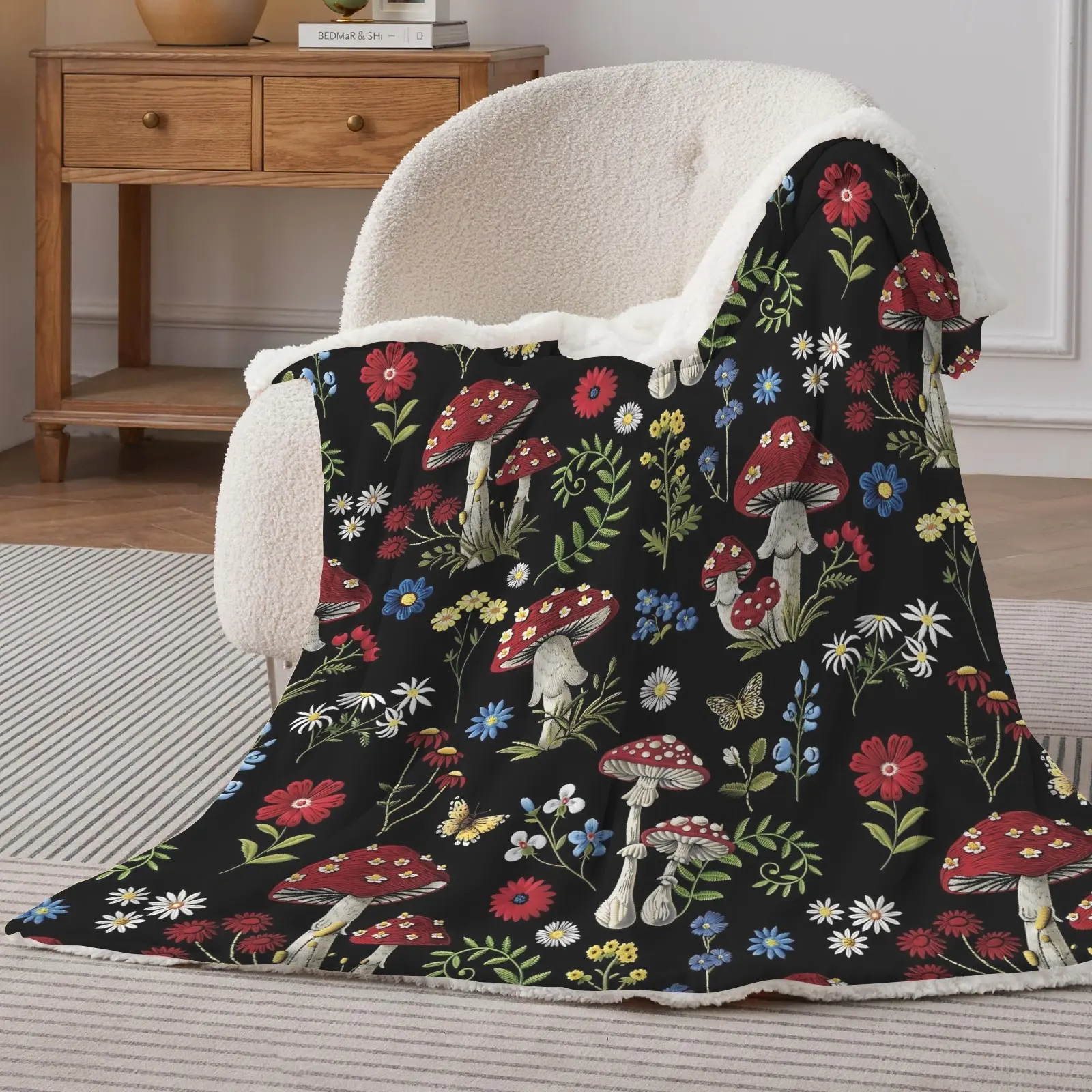 Cottagecore Sherpa-Fleece Flannel Composite Blanket with Mushroom, Daisy, Wild Floral & Butterfly Prints - Warm Plush Throw, Holiday Gift for Nature-Loving Loved Ones at Thanksgiving, Xmas
