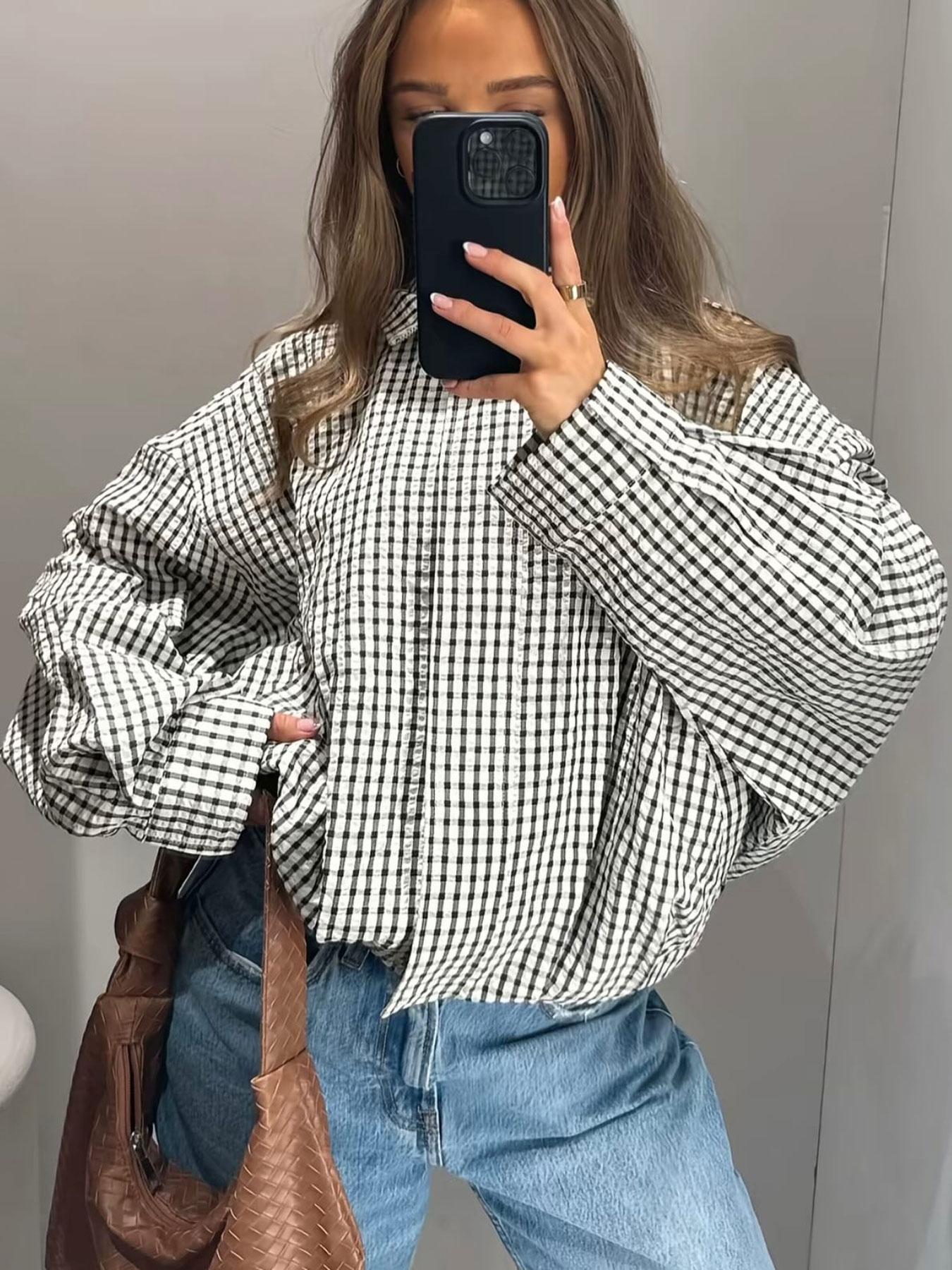 Plaid Oversized Jacket Women's Bomber Jacket Outerwear With Pockets Plaid Checked Outerwear Spring Autumn Black & White Check Long Sleeve Top Cropped Stand Collar Zip 2026 New Loose Oversized Fit Side Pockets Daily Wear Street Style Office Casual Top