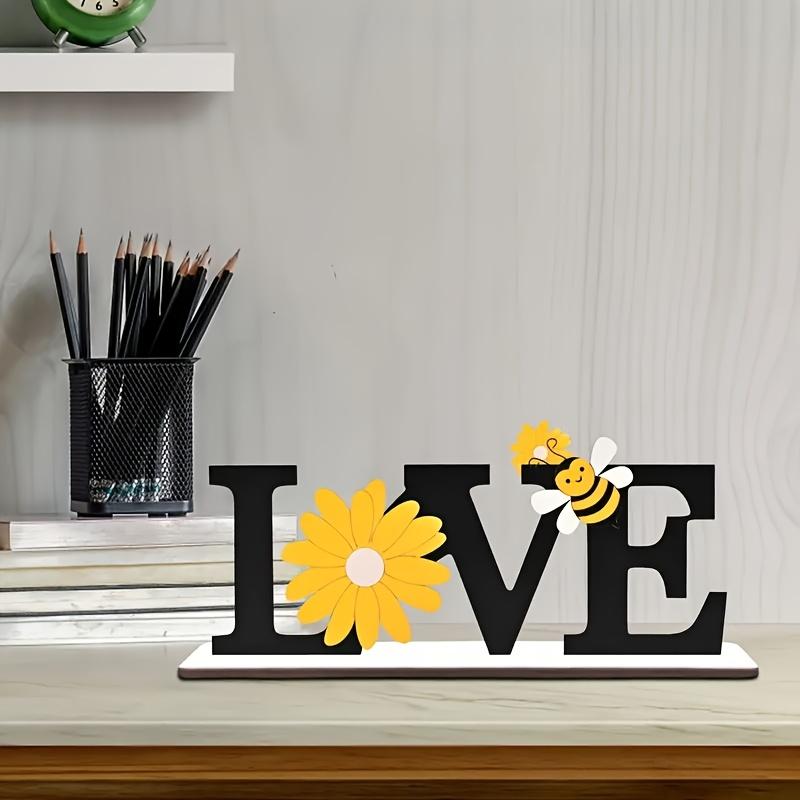 Wooden Summer Decorative Ornament with Bees and Sunflowers, Ideal for Desktop, Wall, Tray, Shelf, Fireplace Decoration