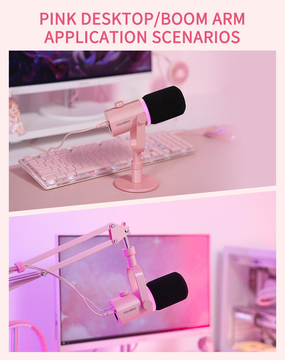 FEELWORLD PM1 XLR USB Dynamic Microphone with Boom Arm Stand for Podcast Recording PC Computer Gaming Live Streaming Vocal Voice-Over, Studio Metal Mic, RGB Light, Mute Button, Headphones Jack