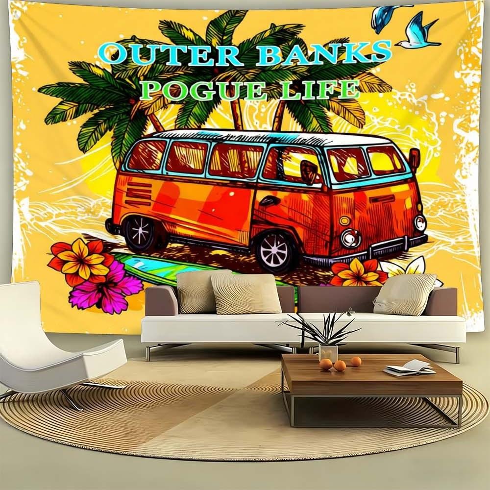 1PC colorful tropical themed wall hanging for living rooms bedrooms and events retro van and palm tree design great for celebrations and gatherings festive atmosphere enhancement lightweight decorative fabric for home holidays parties