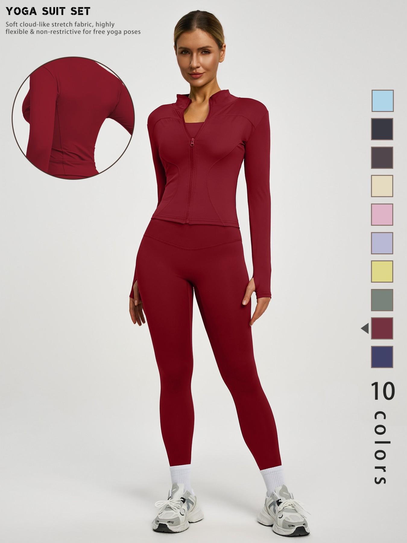 New Women's Solid Color Casual Fashion High-End Long Sleeve Quick-Dry Sports Set, Yoga Essential Jacket, Elastic Tight Yoga Pants, Activewear Clothing