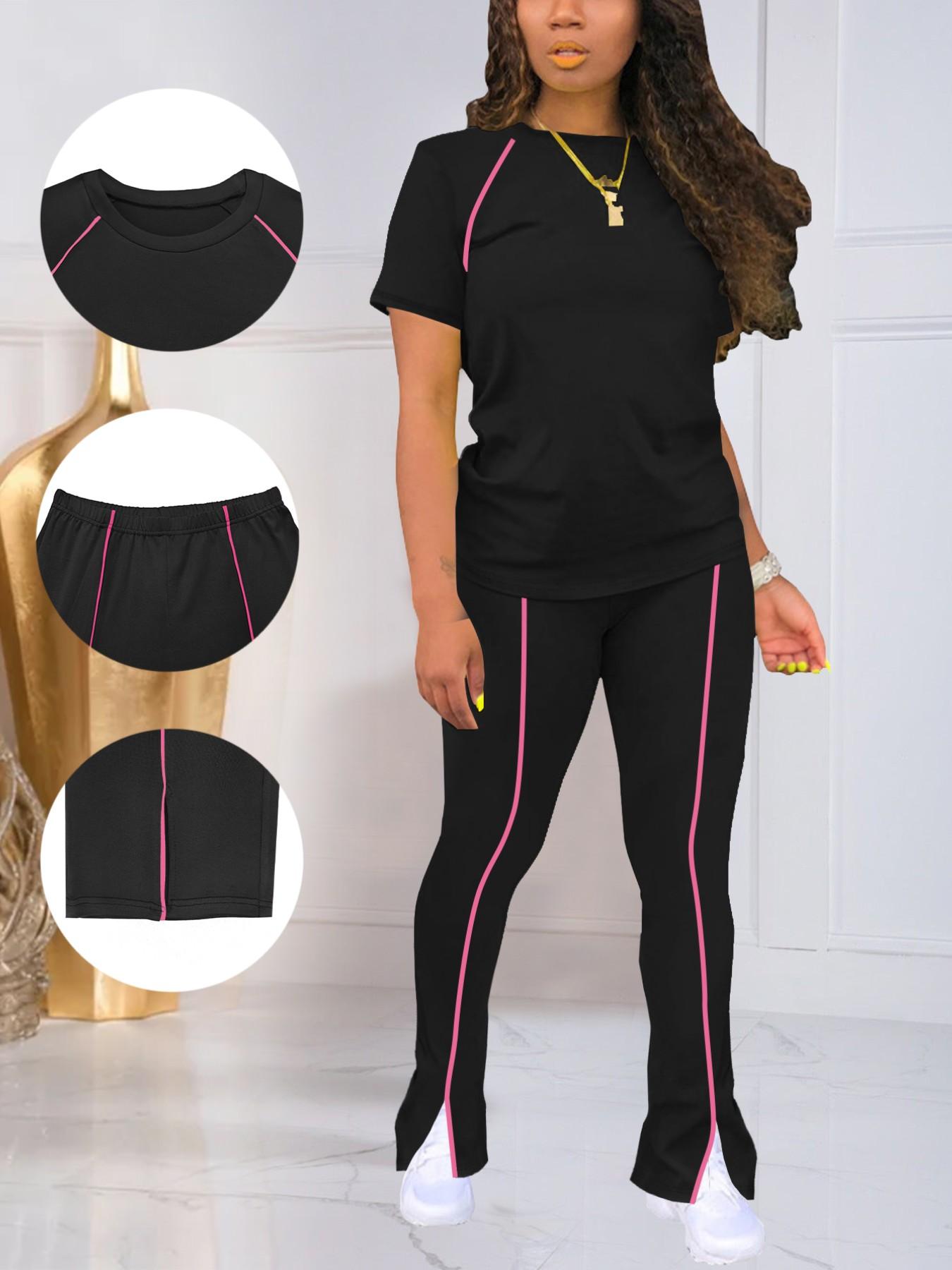 Summer Fashion New Round Neck Solid Color Striped Patchwork Short Sleeve Fitted Top with Long Pants Set, Women's Two-Piece