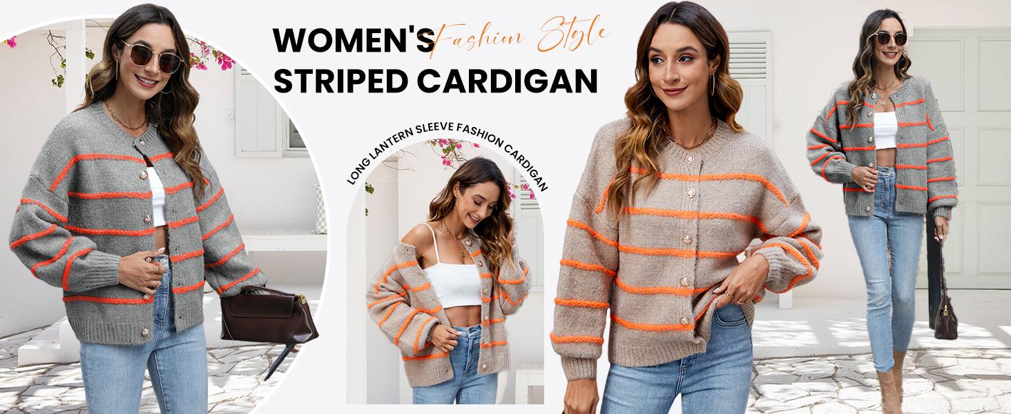 Molitree Women's Oversized Striped Knit Cardigan Sweater - Casual Open Front Long Sleeve Button Down Outwear for Fall Knitwear Crewneck Trendy Knit Outfit Brown