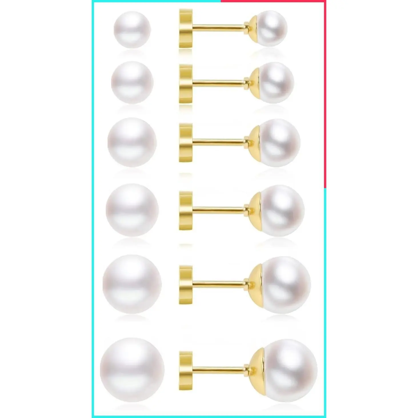 14K Gold Silver Dainty Flat Back Pearl Stud Earrings for Women, 6 Pairs 3-8MM Hypoallergenic Earrings Set for Multiple Piercings