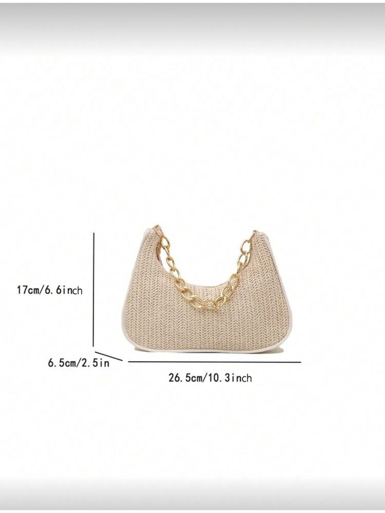 Summer Women Straw Handbag Crescent Shape Metal Chain Tote Beach Bag Casual Multi functional Crossbody Shoulder Bag