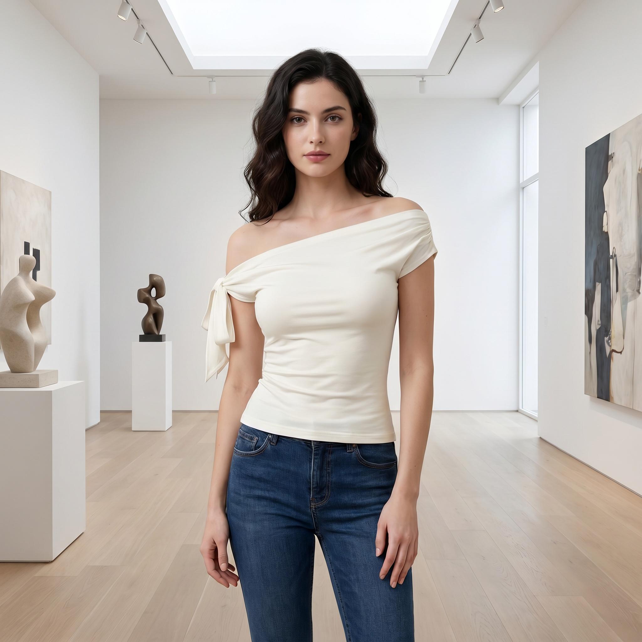 Women's Asymmetrical Off-Shoulder Top - Tie Knot Sleeve Ruched Blouse - Elegant Slim Fit One-Shoulder Shirt