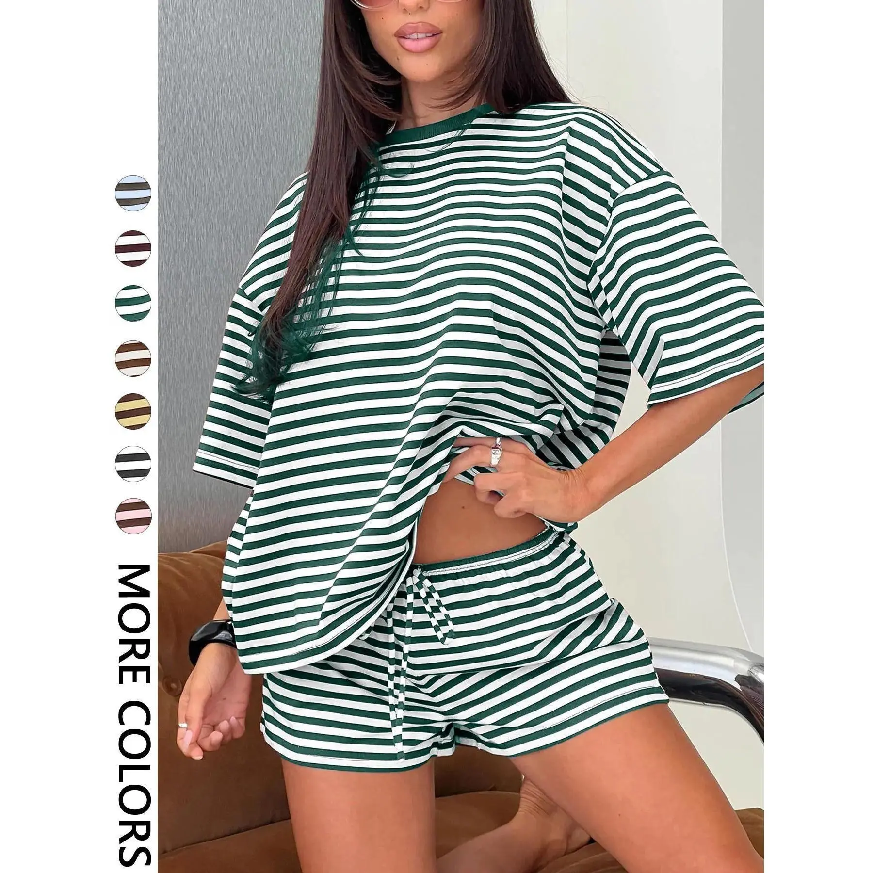 Y2K Striped Print Two Piece Loungewear Set for Women, Oversized Short Sleeve Tee & Drawstring Shorts, Soft Knit Co-ord Outfit for Daily Home Wear, Vacation & Street Style