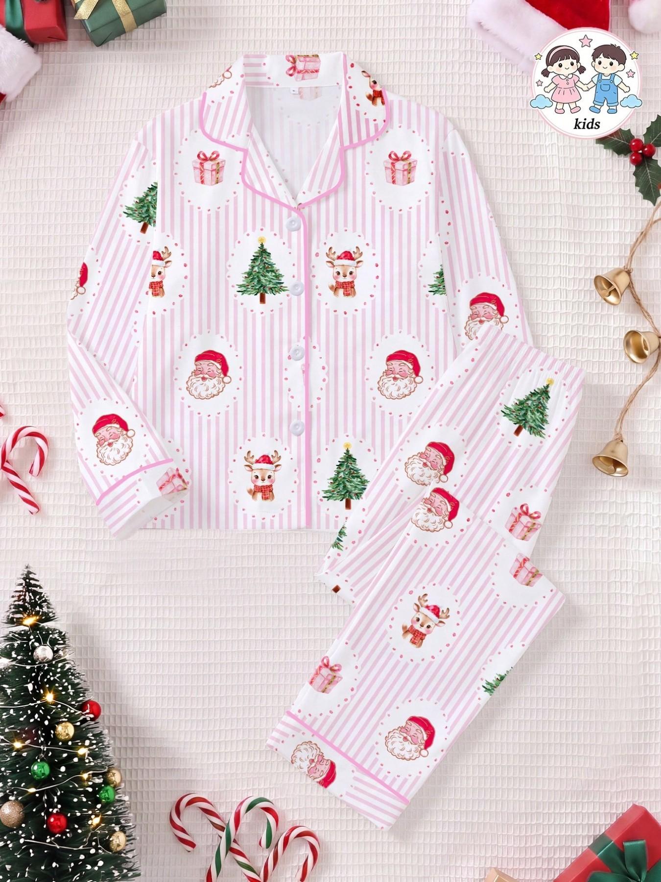Christmas Pajamas, Striped Santa & Reindeer Print, Long Sleeve, Fitted, Soft & Breathable, Holiday Party Set
