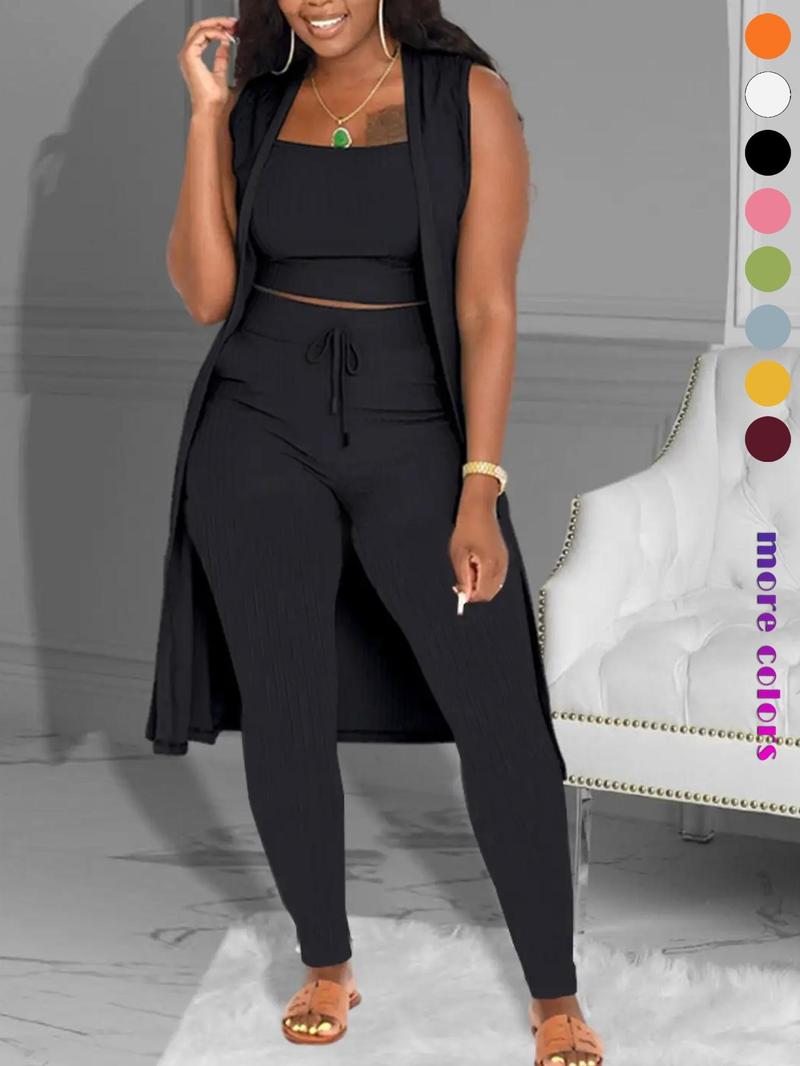 Three-Piece Set Women's Solid Crop Tank Top & Tie Front Pants & Open Front Outerwear Set, Casual Cropped Top & High Waist Trousers & Outerwear, Ladies Clothes for Daily Wear