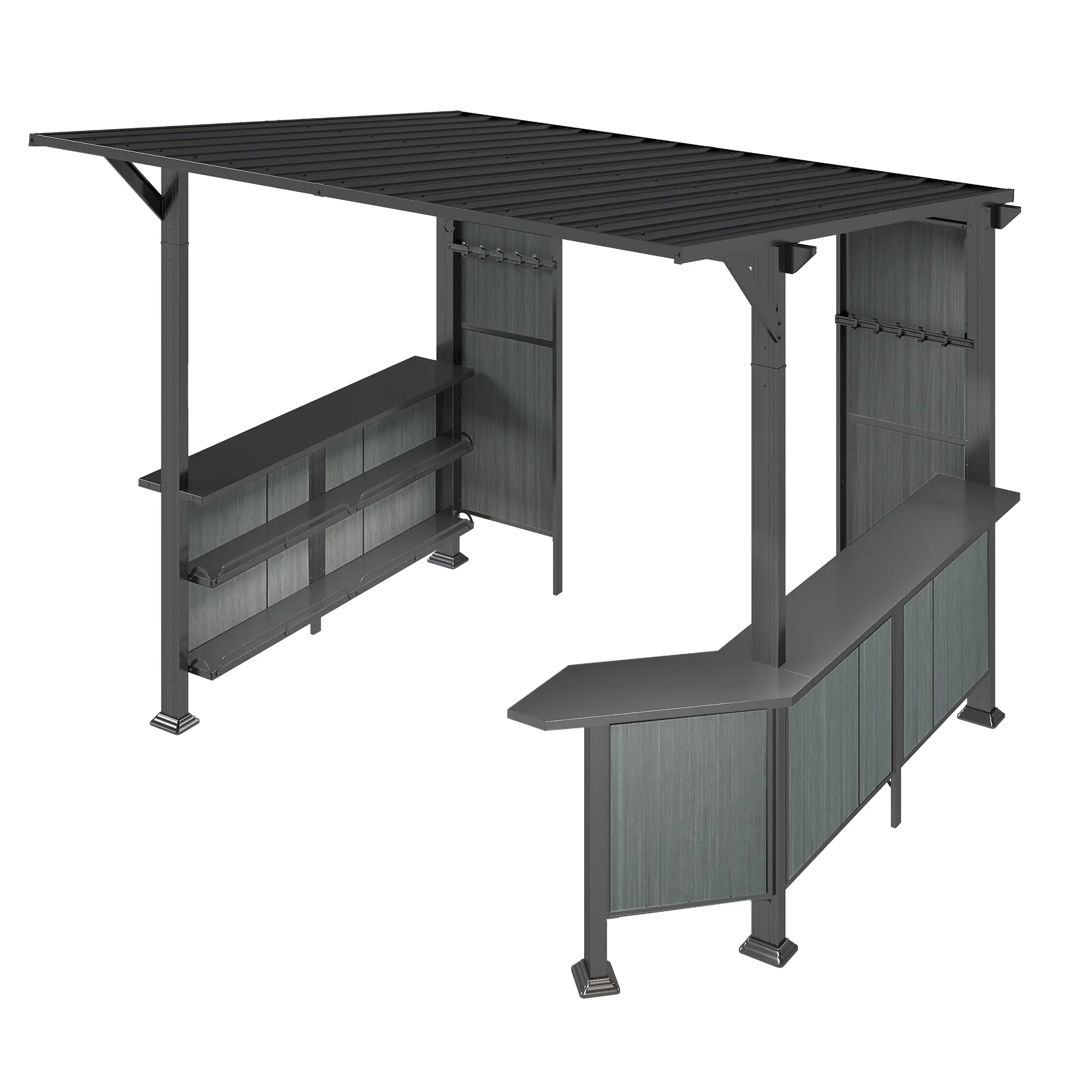 Nokaa 9x10FT Hardtop Grill Gazebo Lean to Outdoor BBQ Gazebo with Storage Shelves and Expansion Platform Galvanized Steel Permanent Hard Top Canopy for Patio Backyard Lawn Garden Grey