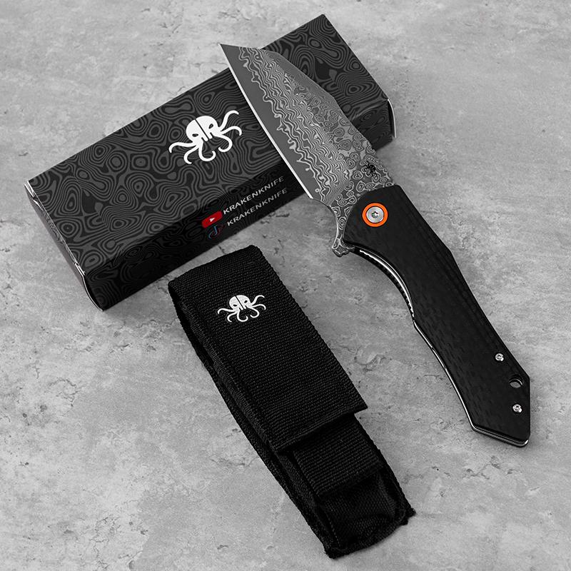 KLAKEN J338 Askael, Damascus Blade EDC Pocket Outdoor Camping Folding Knife With Zebra Wood Handle