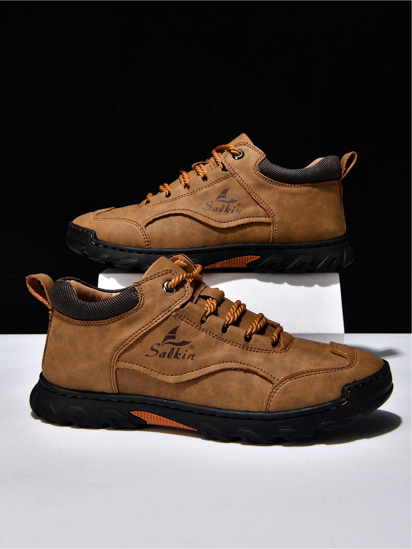 Men's Retro Outdoor Work Shoes, Hand-Stitched Mid-Top Casual Sneakers, Soft Sole Non-Slip Hiking Boots