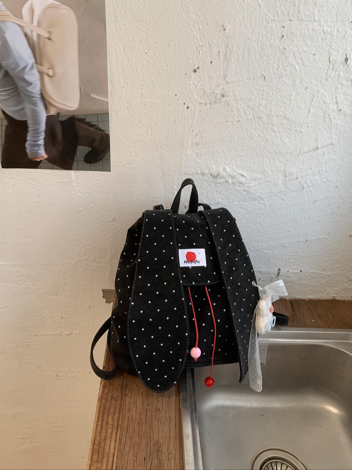 New Rabbit Ears Polka Dot Backpack, Cute Korean Style Student Bag, Large Capacity Commuter Backpack, Soft Adorable Bunny Shoulder Bag