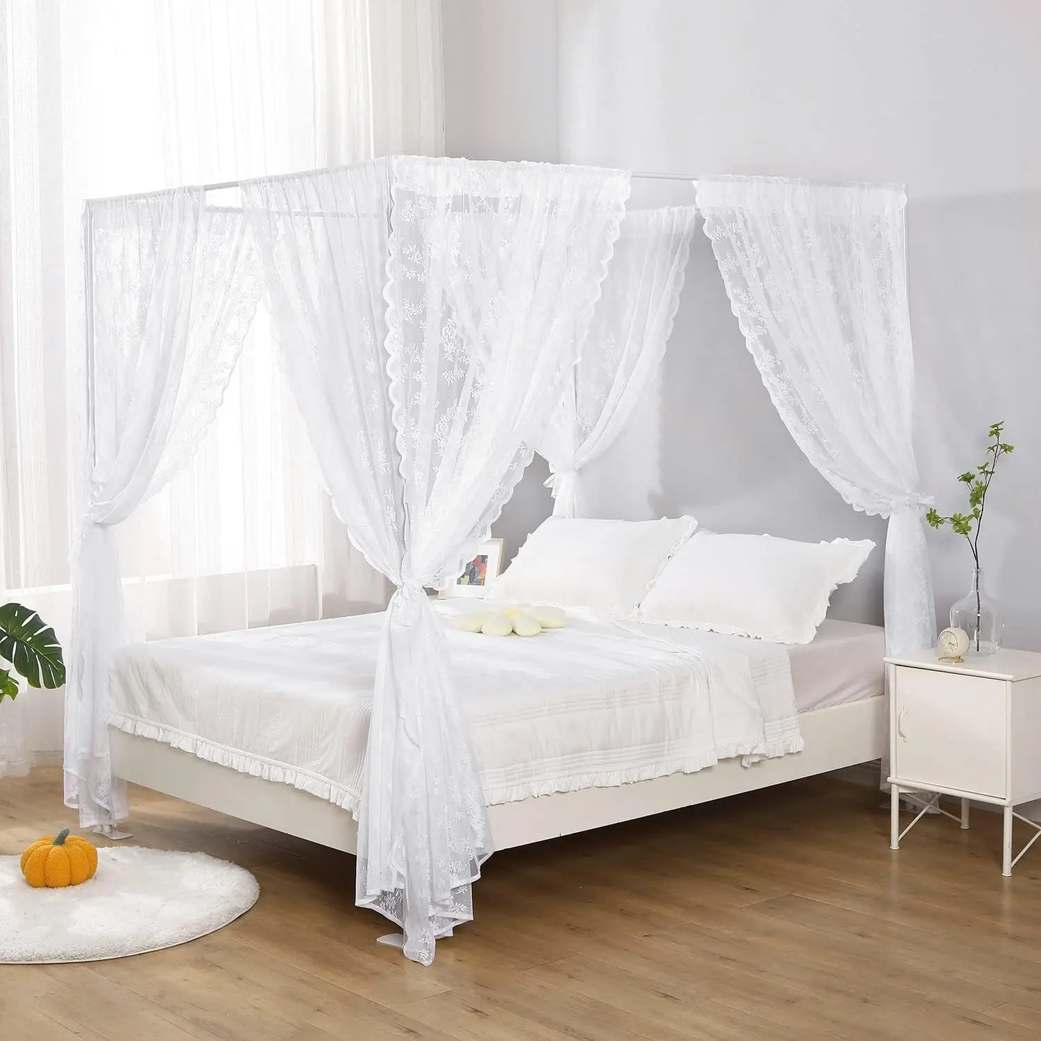 Lace Canopy Bed Curtain Queen, Soft Romantic Bed Canopy Scarf for Girls Adults (Queen, White)