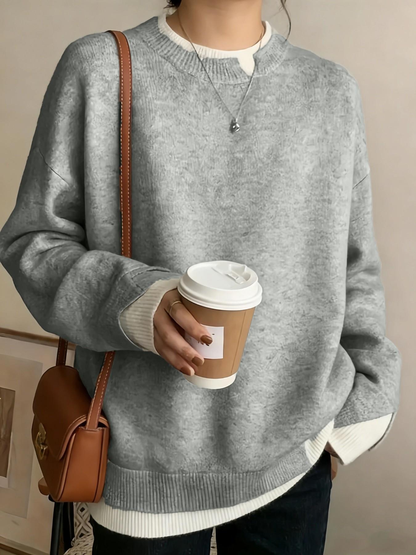 Women's Plus Size Fit Two-Piece Colorblock Long Sleeve Knit Pullover Sweater Knitwear, Elegant Casual Fashion for Spring Summer Fall Winter