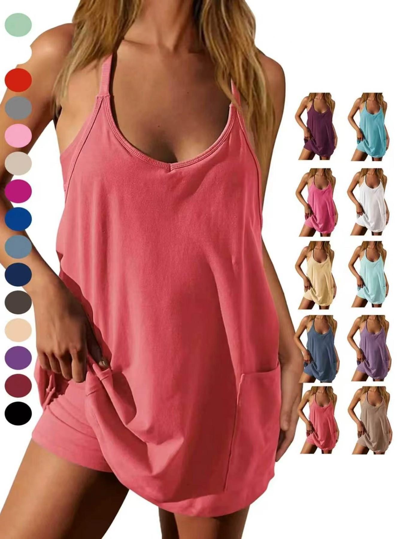 Women's Summer Sleeveless Mini Dress with Built In Shorts, V Neck Spaghetti Straps, Casual Loose-Fitting Dress with Pockets, Beach Travel Dress