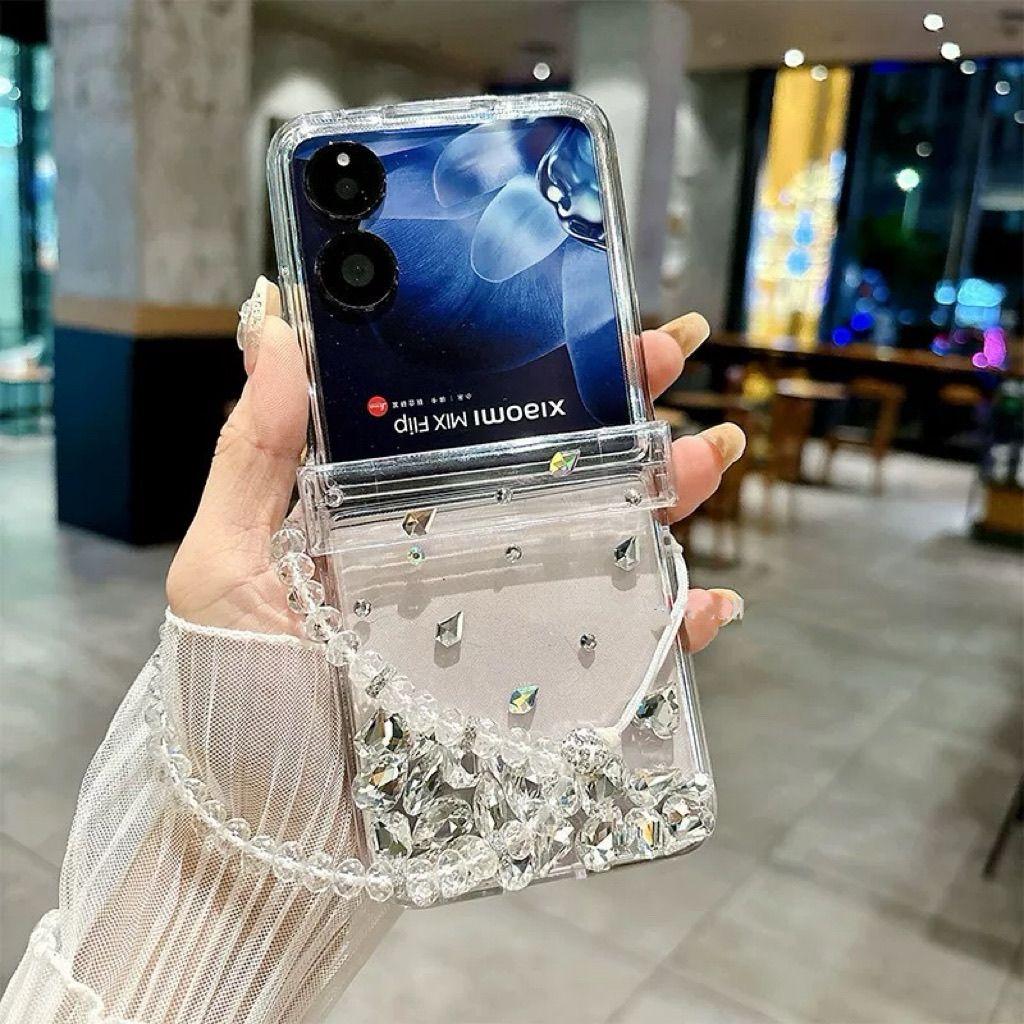 Clear Rhinestone Foldable Phone Case With Chain For Samsung Galaxy Z Flip3/Z Flip4/Z Flip5/Z Flip6/Z Flip7, Shockproof Cover