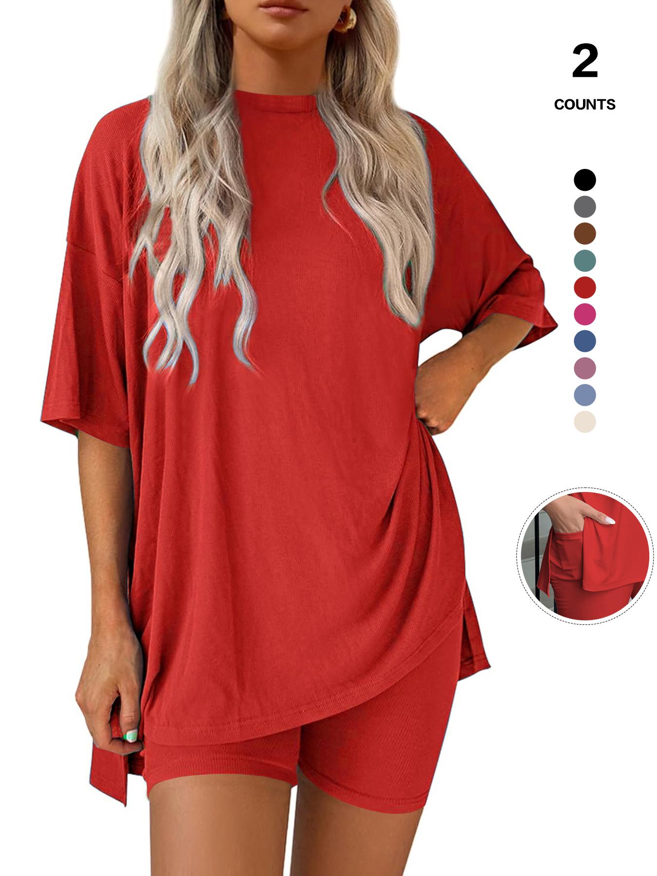 Women's Solid Color Tee & Skinny Elastic Shorts Loungewear Set, Comfortable Round Neck T-Shirt & Shorts, Perfect for Summer Sleepwear