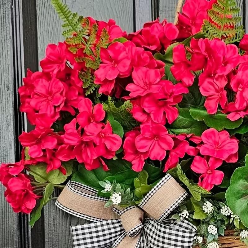 Spring Summer Geranium Artificial Flower Basket Wreath, Plaid Ribbon, Farmhouse Style Door Decor, Mother's Day Decoration