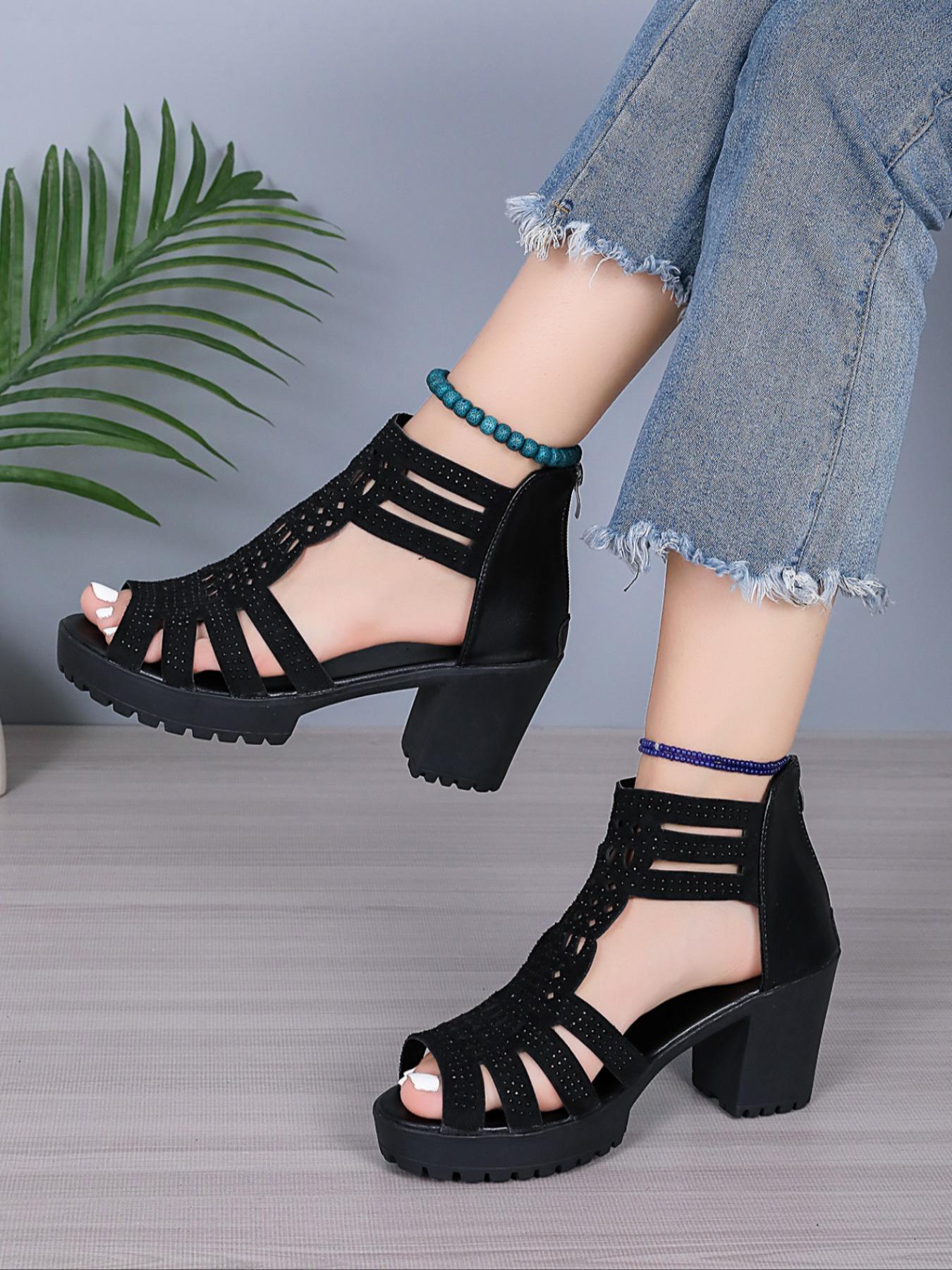 Women's Fashionable Hollow Out Design Chunky Heeled Sandals, High Heeled Sandals, Casual Comfortable Sandals for Daily Wear, Trendy All-match Shoes for Daily Wear, Girl