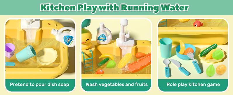 CUTE STONE Play Sink with Running Water, Kitchen Sink Toys with Play Food and Kitchen Utensils, Pool Floating Toys for Fishing Game, Role Play Electric Dishwasher Toy Gift