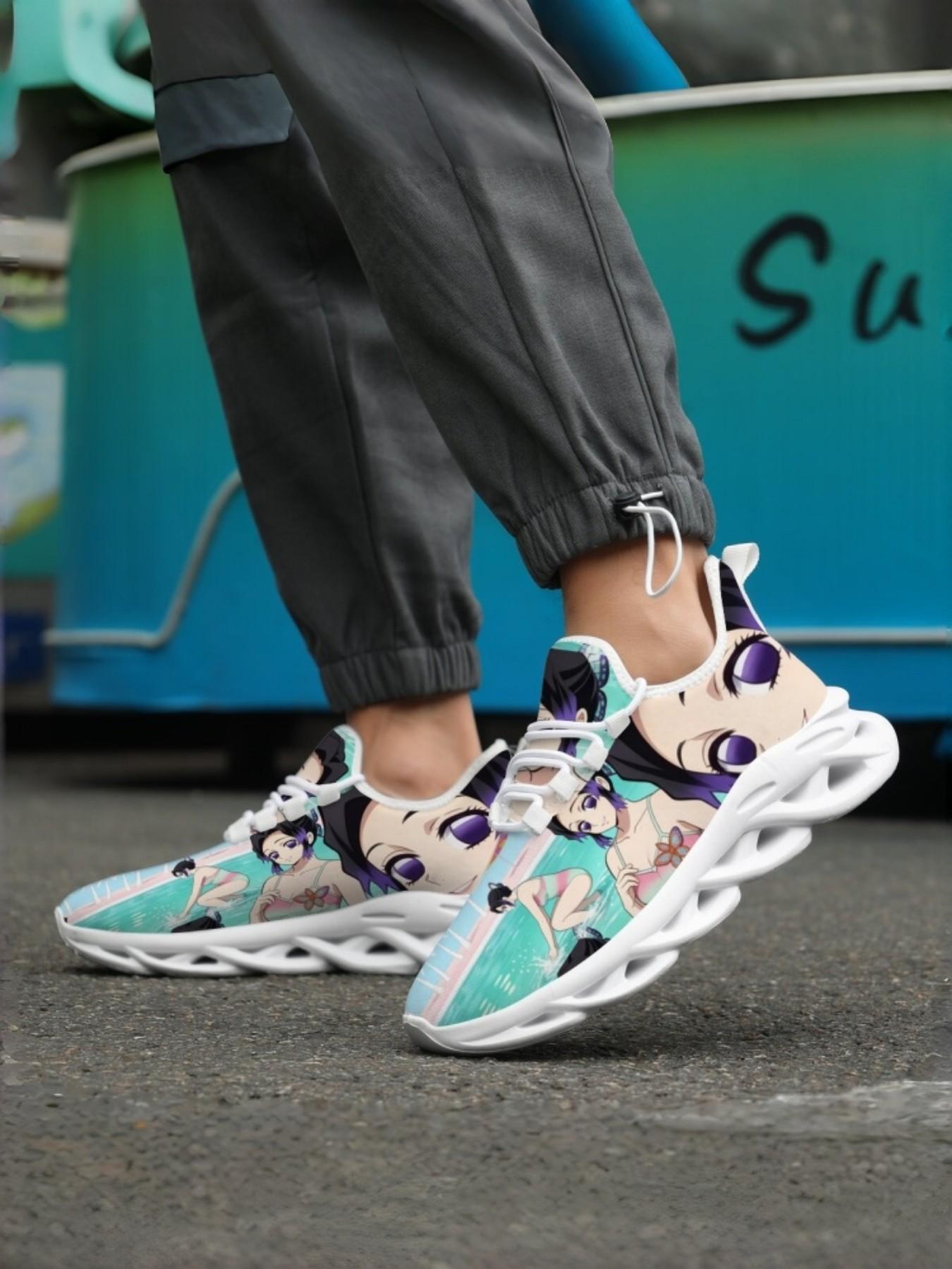 Unisex Anime Style All-Over Print Sneakers, Breathable Mesh, High Elastic Shock Absorption, Anti-Slip Eva Sole, Casual Outdoor Shoes