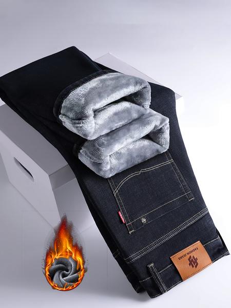 Men's Thickened Winter Fleece Jeans, Hi Rise Jeans, Loose Straight Leg High Waist Casual Elastic Pants, Warm Long Denim Trousers for Fall & Winter