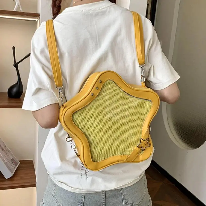 Yellow Star Backpack PU Leather Shoulder Bag Cute Teenage Girl Kawaii Women Schoolbag Knapsack Y2K Spicy Girl Travel Backpack