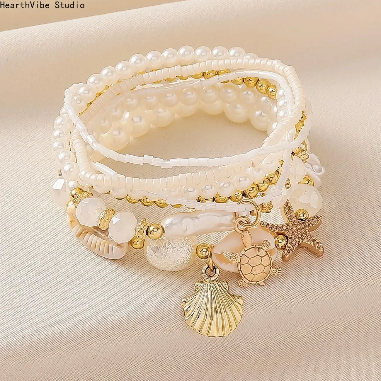 Bracelet Set for Women - Boho Shell Starfish Trendy Faux Pearl Jewelry, Layered Summer Beach Charms, Adjustable Handmade, Party Vacation Gift