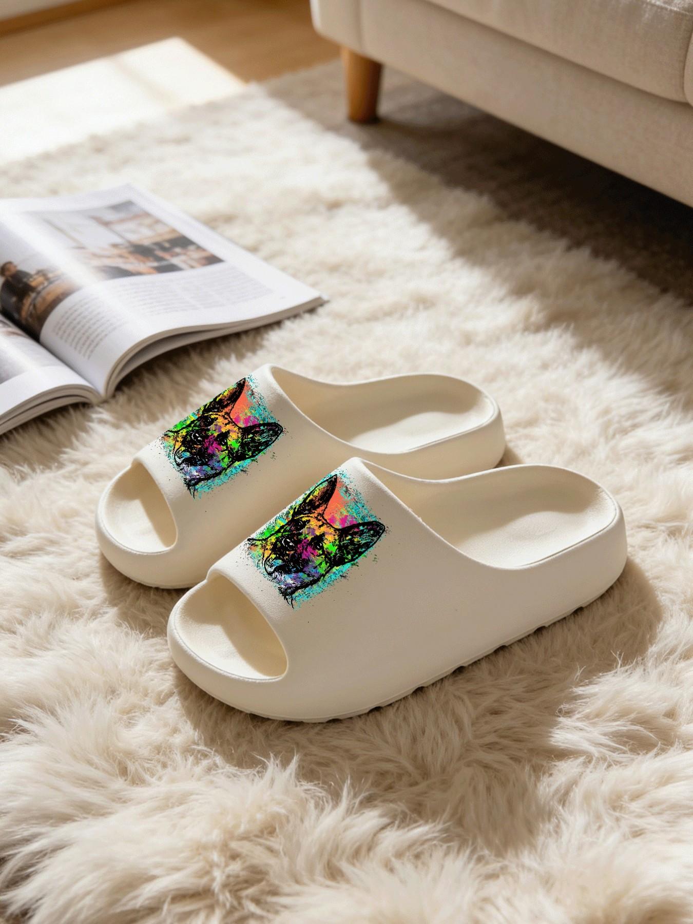 Colorful Graffiti German Shepherd Thick-Soled Slippers, Trendy Art Style Cloud Cushion Non-Slip Slides, Casual Indoor & Outdoor Couple Sandals