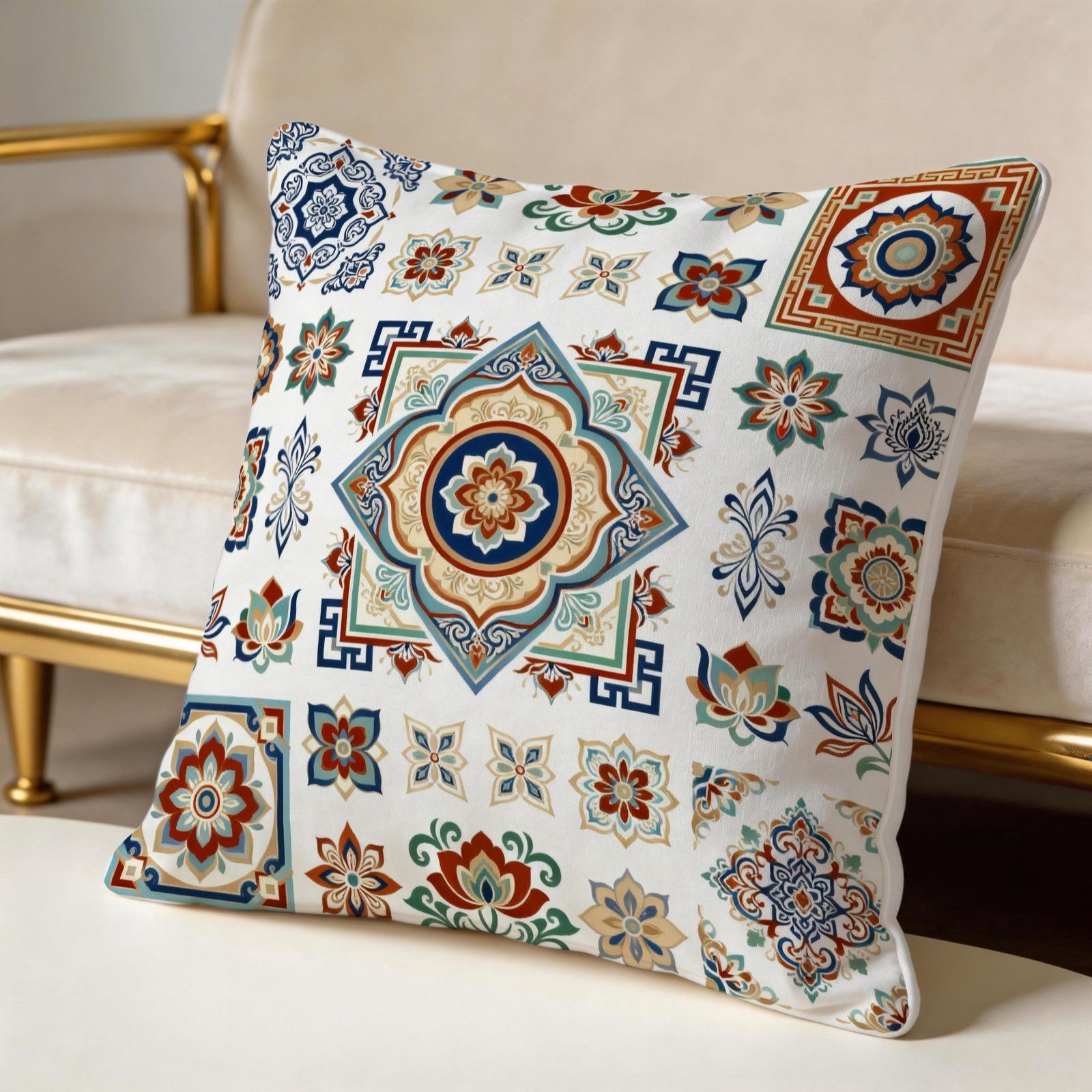 1 Pack 18×18 Inch Boho Mandala Throw Pillow, Vintage Floral Accent Cushion, HD Digital Print Decorative Pillow, Non-Fade Home Decor Pillow for Sofa, Bed, Living Room, Bedroom